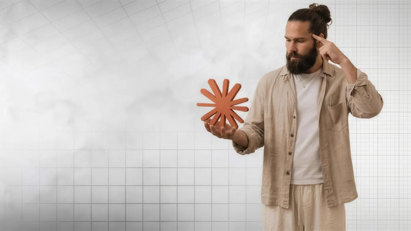 Julius hält einen orangen Stern in der offenen Hand und sieht ihn an.